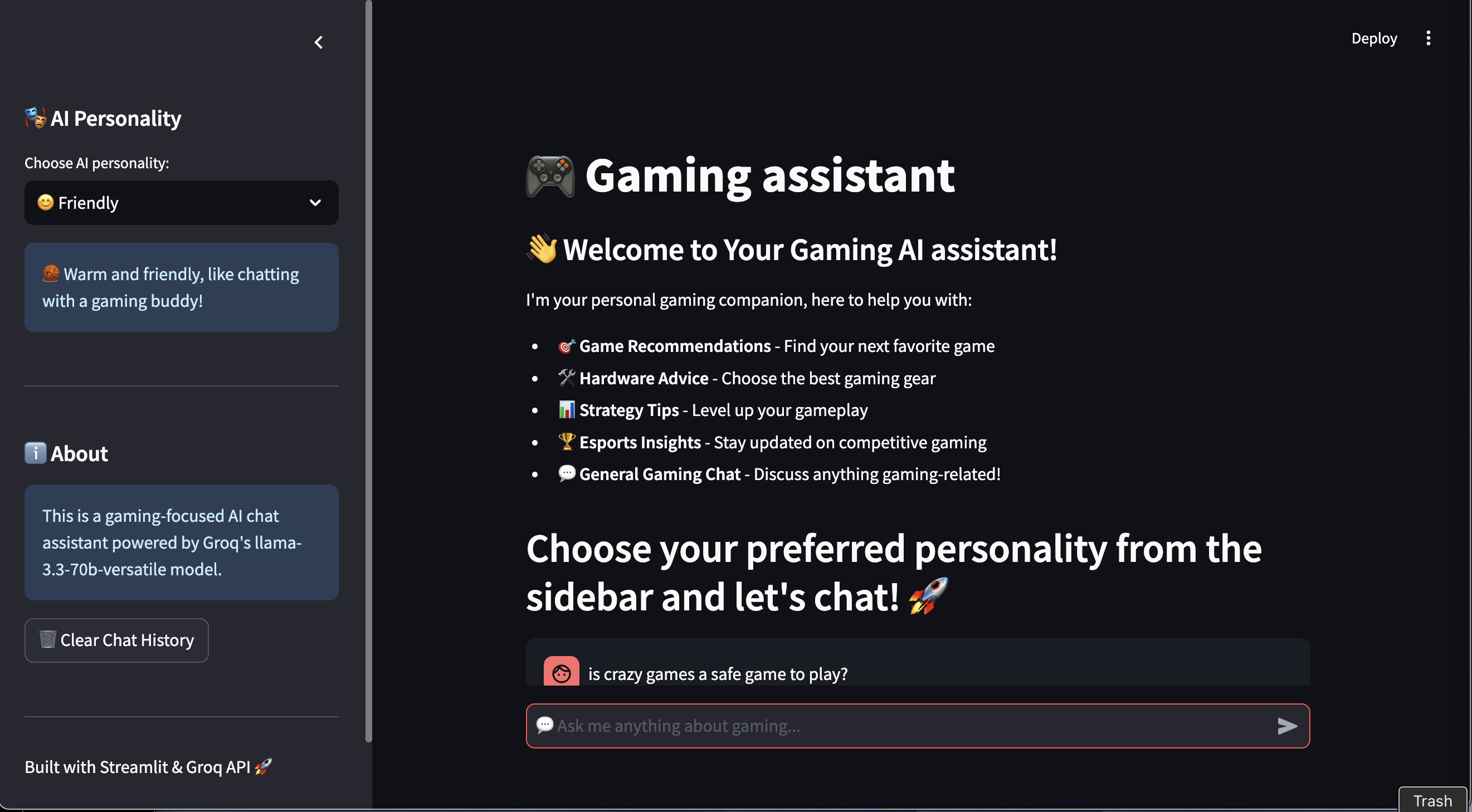 Gaming Assistant AI Chatbot Screenshot